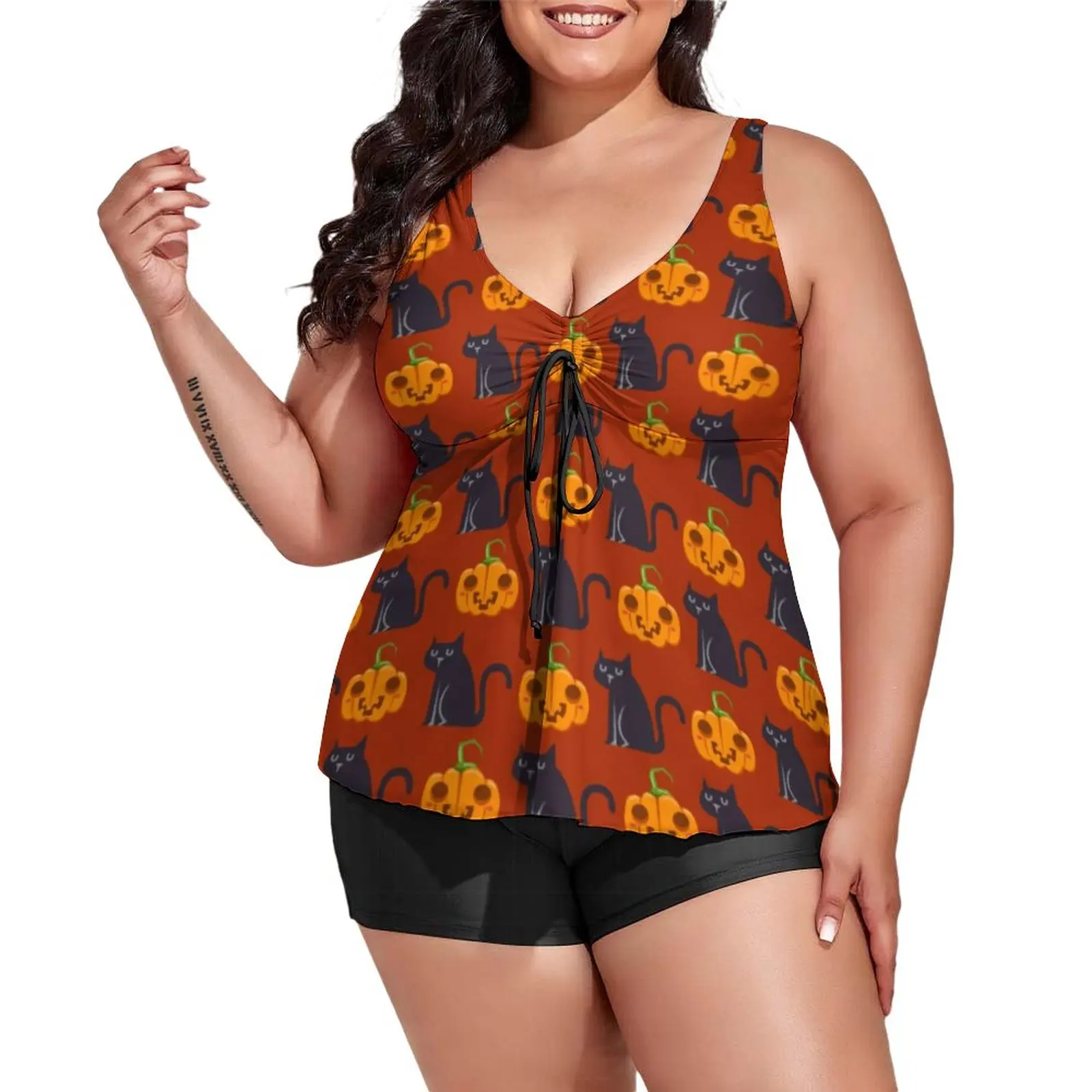 

Halloween Cats Swimsuit Pumpkins Print Tankini Swimwear Two Piece Custom Bathing Suit Sexy Surf Vintage Beach Outfits Gift Idea