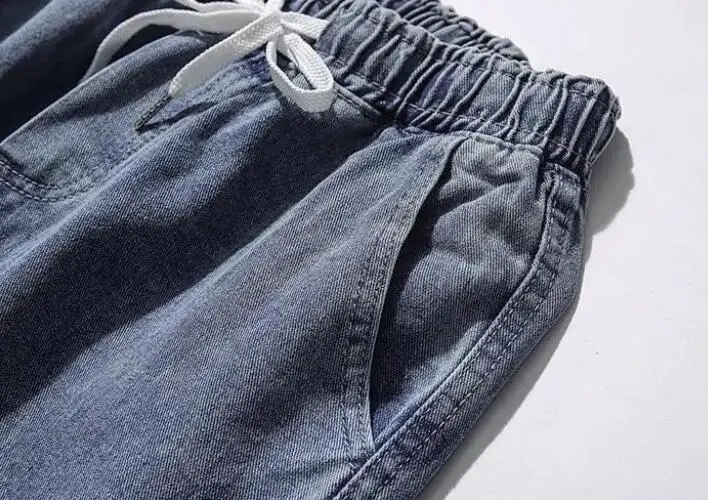 Cashew Pattern Jeans Men's Loose Straight Pants Elastic Waist Drawstring Denim TrousersCashew Pattern Jeans Men's Loose Straight