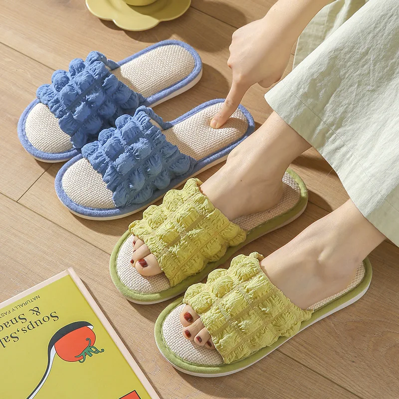 Women's Sweet Flax Home Slippers Summer Linen Lovely Casual Non-slip Soft Comfy Light Leisure Open Toe Beach Slides Indoor Shoes