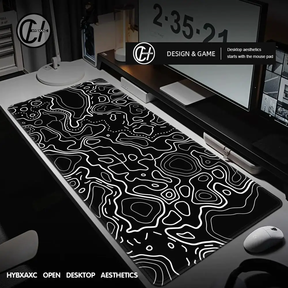 1200x600 Black White Topographic Map Mousepad Computer Keyboard Pad Mouse Mat Gamer Office Carpet Table Desktop