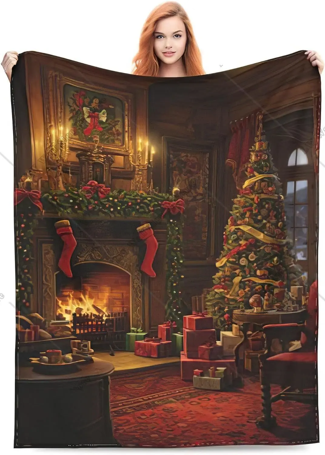 

Soft Christmas Tree Fireplace Throw Blanket Snow Scape Fleece Flannel Cozy Xmas Themed Throws Blankets for Couch Beds Chair