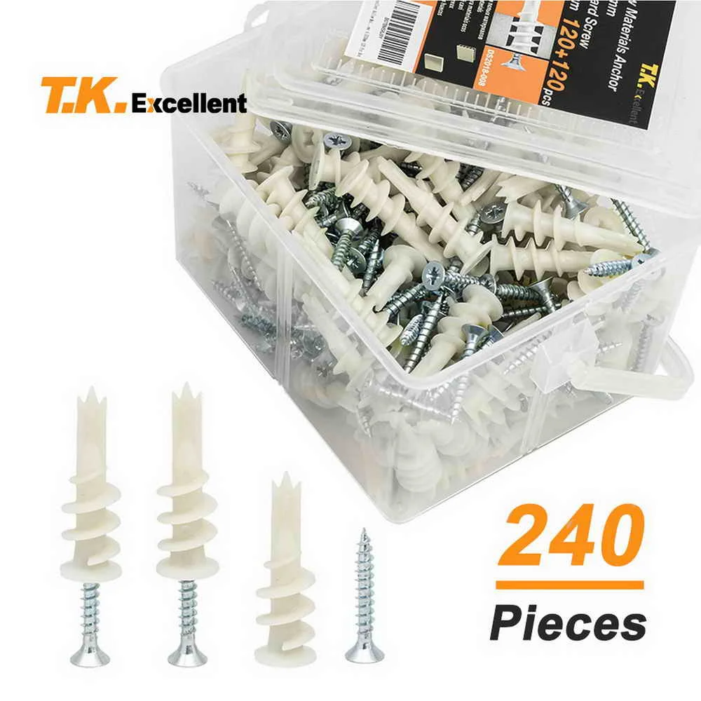 

T.K.Excellent Hollow Materials Anchor Self Drilling Drywall and Wall Anchor E8 13X41mm 120 Pcs and Chipboard Screws 4.5X30mm 120