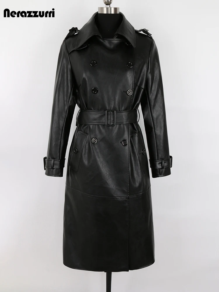 Nerazzurri Spring Autumn Luxury Long Black Soft Faux Leather Trench Coat for Women Belt Double Breasted Elegant Overcoat 5xl 6xl