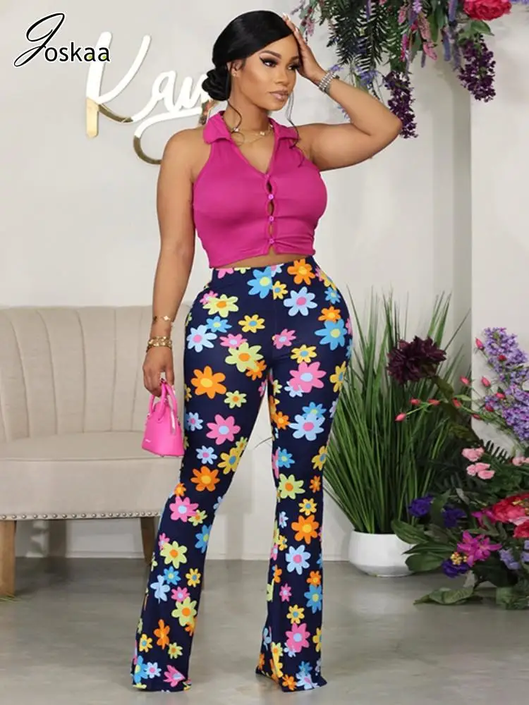 

Joskaa Flower Print Long Trousers Women Hipster Casual High Waisted Flared Pants Summer 2023 Female Bottoms Y2K Streetwear