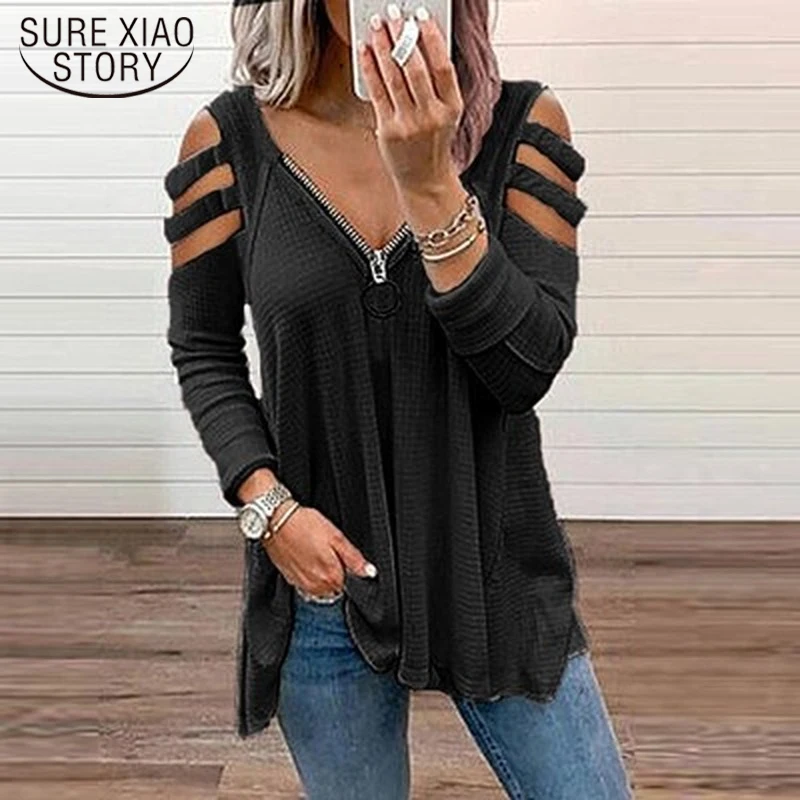 

Футболка женская с длинным рукавом, V-образным вырезом и молнией