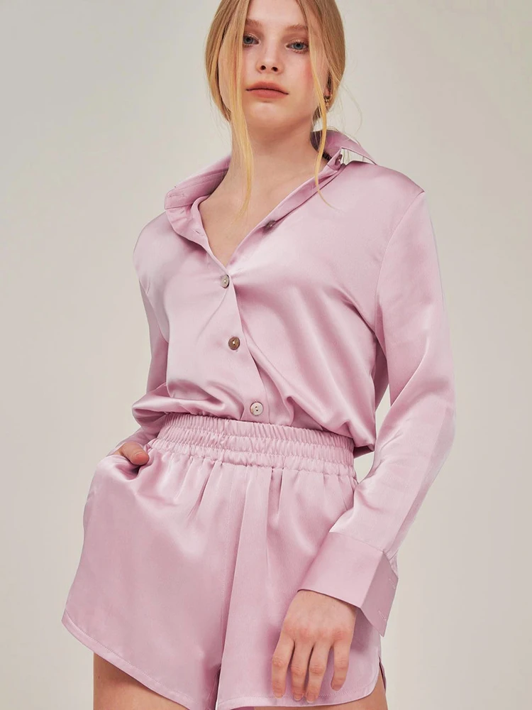 

Пижама с длинными рукавами Hiloc, женская одежда для сна с лацканами, 2022 Пижама с шортами и высокой талией, Женский комплект, однотонная одежда ...