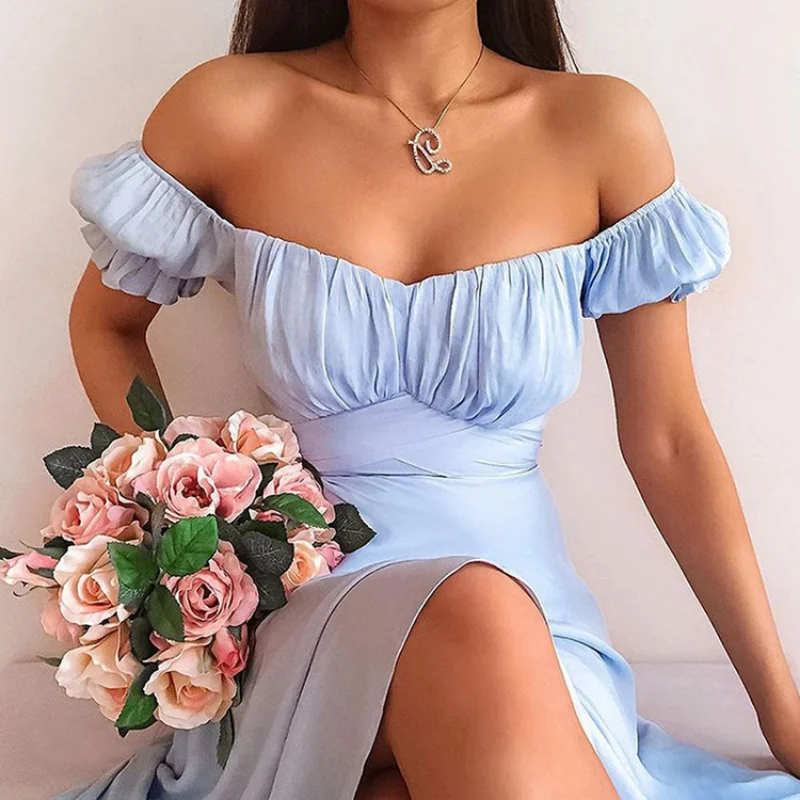 

Women Elegant Solid Color Long Dress Fashion Sexy Casual Off Shoulder Short Puff Sleeve V Neck High Waist Bandage Corset Dress
