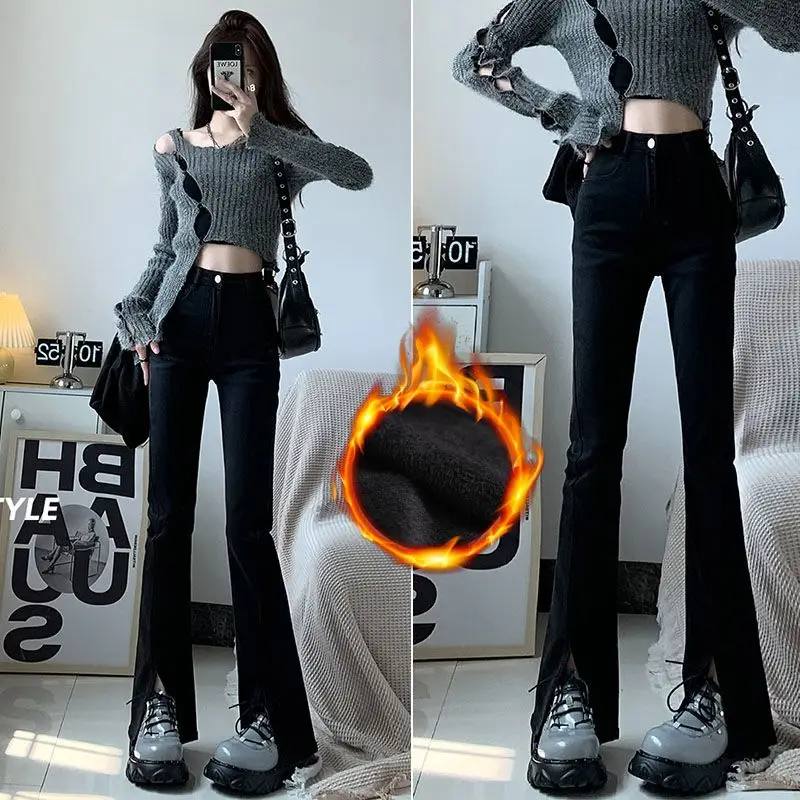 

Fashion Slit Flare Pants Women Korean Style Casual Office Lady Female High Waist Long Bell Bottom Plus Velvet Trousers 2023 F35