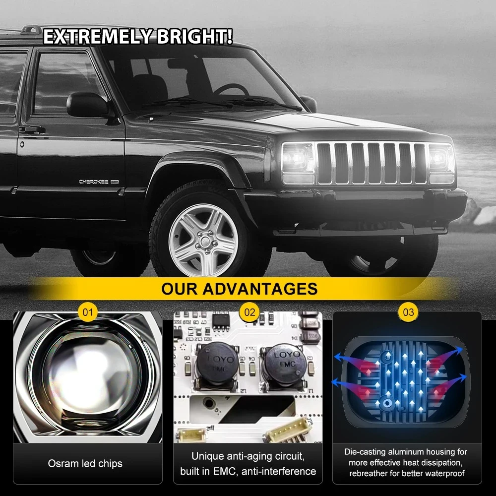 Фото Сменная передняя лампа LOYO Drl Truck, светодиодная лампа, прямоугольная 5X7, фары для бездорожья, пикап для Jeep Cherokee XJ 1984-2001 годов №5