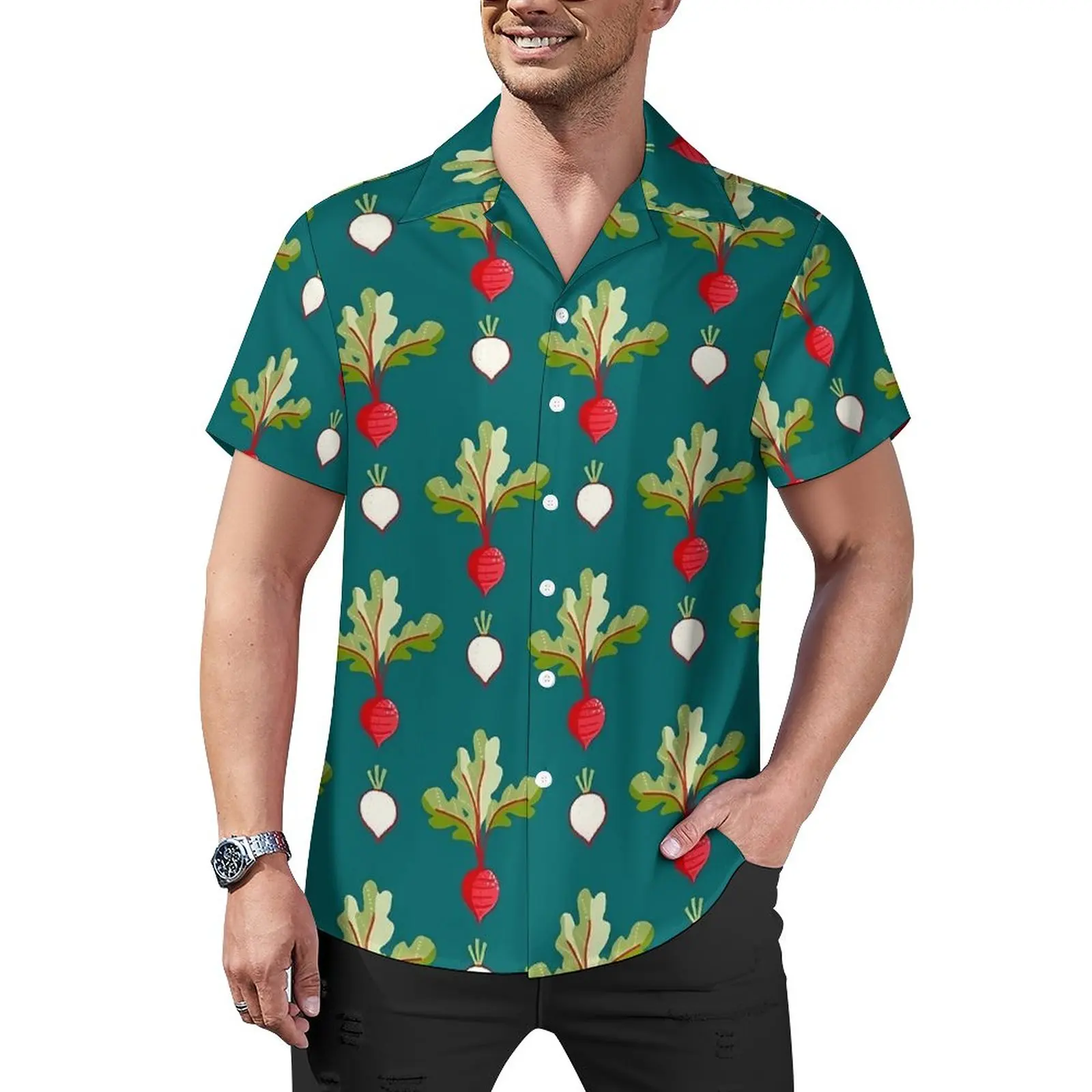 

Пляжная рубашка с принтом редиек, красные и белые Гавайские повседневные рубашки, мужские эстетичные блузки, графическая одежда с коротким рукавом, женская