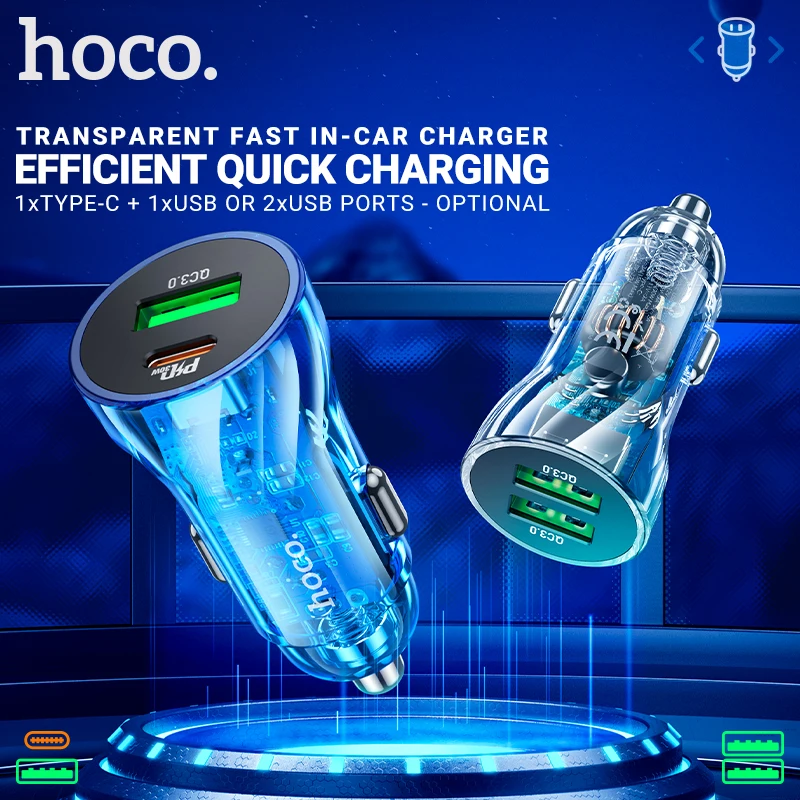 

hoco car charger PD 30W 18W QC3.0 transparent dual port USB Type-C fast charging translucent adapter in-car USB-C USB-A charge