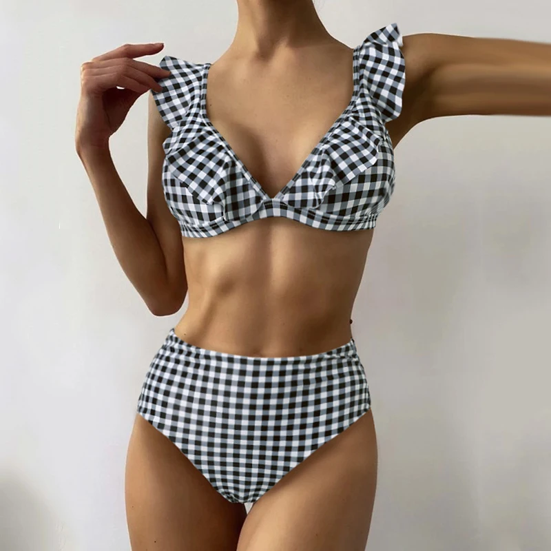 

Fashion Ruffles Beach Suit Plaid Swimsuit 1 Set Bikini For Woman Female Biquini Bathing Two-Pieces Swimwear Suits NEW BANNIROU