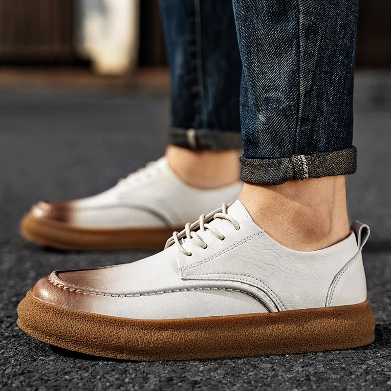 

2022 Leather Casual Shoes Handmade Fashion Comfortable Leather Shoes Men Outdoor Lace Up Oxfords Daily Dating Men's White Shoes