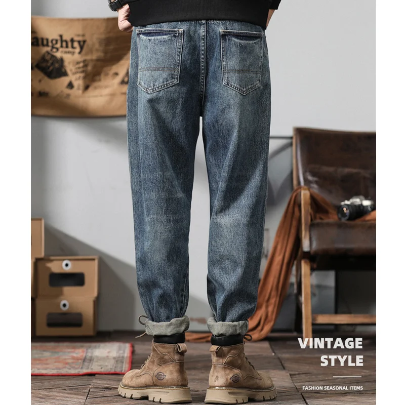 Men Clothing New Pattern Recreational Vintage Broad Leg Blue Splicing Jeans Straight Cylinder Large  Loose Trousers Autumn Women