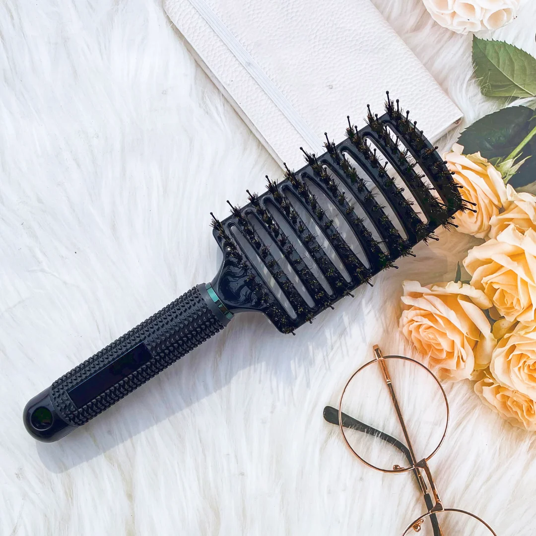 

Obsidian Vent Curved Detangling Comb Nylon Wild Boar Bristle Brushs Woman Massage Long Curly Hair Brush Anti-static Hairdressing