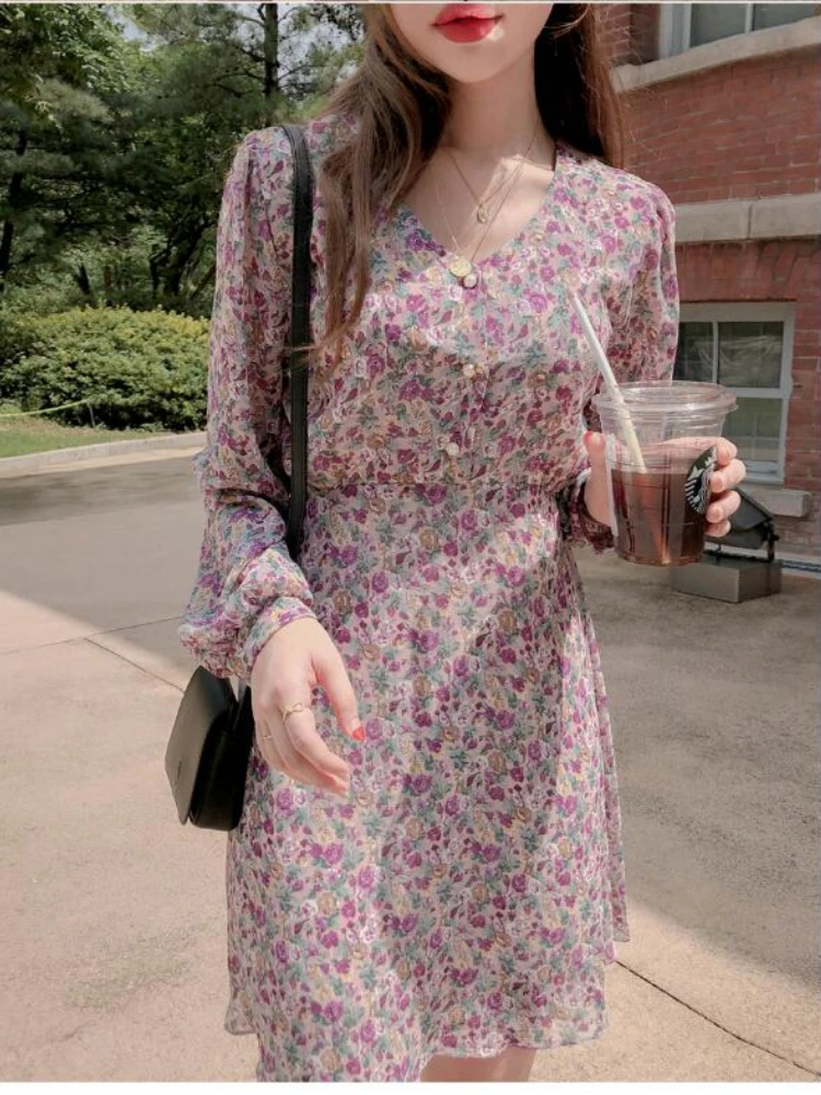 

Autumn Fall New Arrivals Design Dresses Basic Wear Women Long Sleeve Bow Tie Purple Chiffon V Neck Shirt Dress Vintage 8611