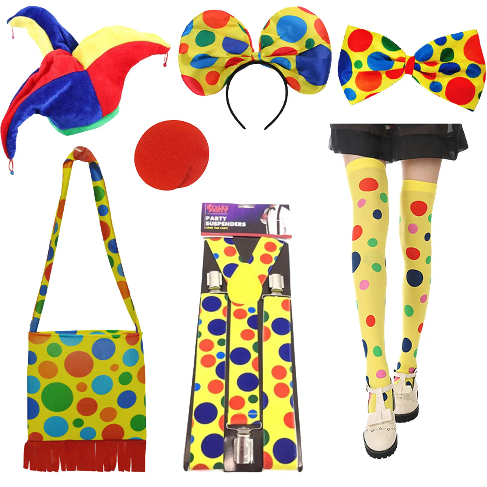 

Аксессуары для костюмов клоуна для вечевечерние включают нос клоуна/шляпу/повязку на голову/галстук-бабочка/выше колена для вечеринок