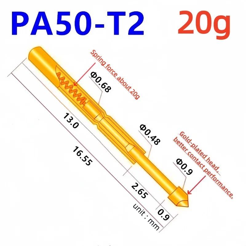 

Серия PA50, 20 г, маленькая пружинная сила, эластичная сила, пружинный испытательный щуп, тестовый штифт Pogo Pin для тестирования печатной платы PA50-B P50-B, позолоченный наконечник