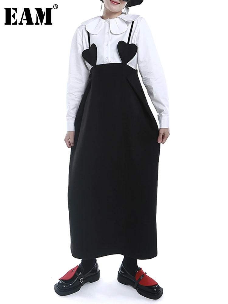 

[EAM] Women Black Woolen Spaghetti Strap Dress New Round Neck Sleeveless Loose Fit Fashion Tide Spring Autumn 2022 1DE4363