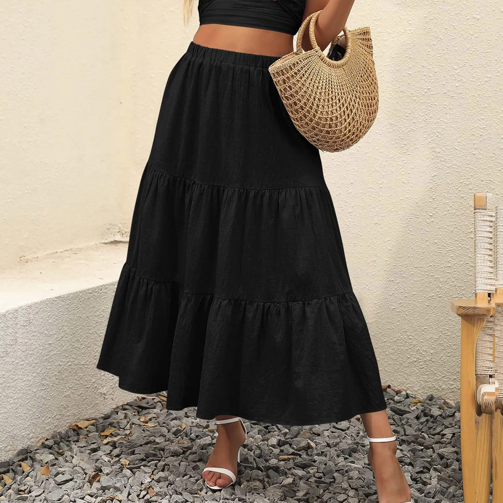 

Aesthetic Fairycore Pleated Skirts Retro Beach Summer Tiered Long Skirt Waist Women’S Elastic Flowy Swing A-Line Boho Skirt