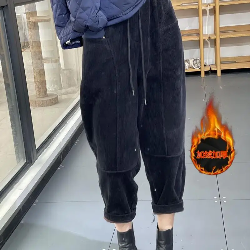 Women Vintage Corduroy Loose Velvet Thick Warm Harem Pants Y2K Female Casual Streetwear Baggy Trousers Autumn Winter Pantalones