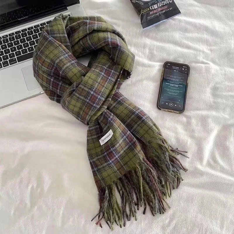 Винтажный Зеленый клетчатый шарф женская теплая длинная шаль из пашмины зимние