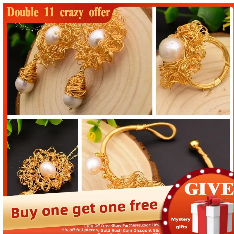 

GLSEEVO Handmade Natural Freshwater White Pearl Set Ring Earring Necklace Bracelet Woman Wedding Pearl Jewelry Set Gs0003