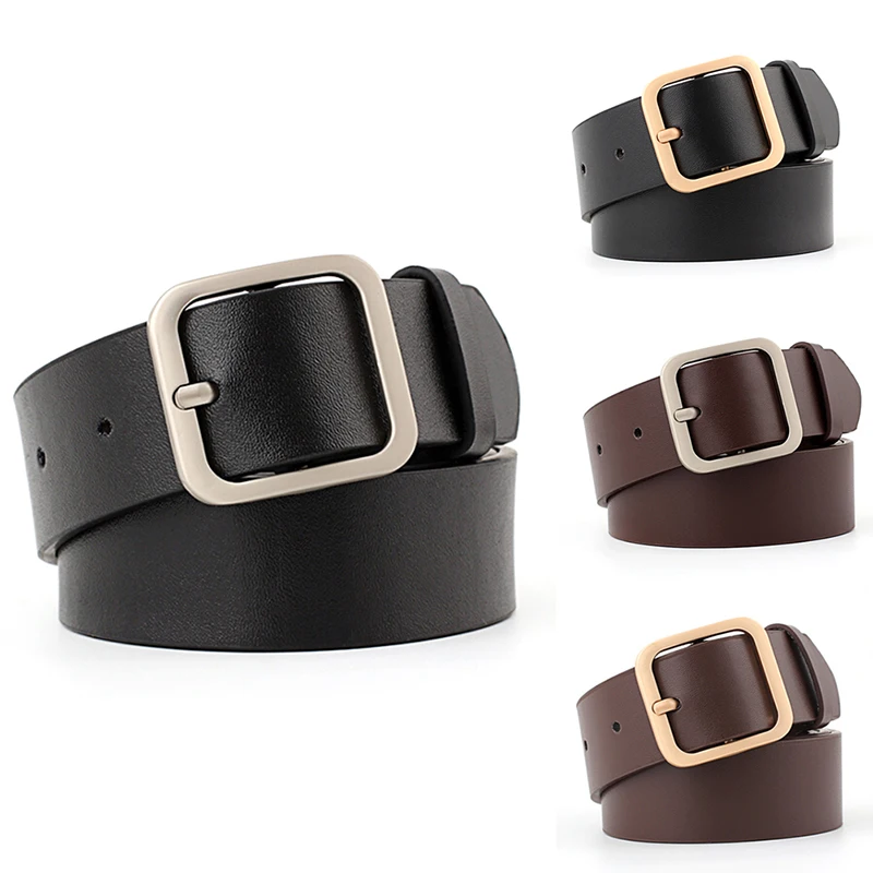 

1PCS Unisex Leather Belt Metal Antique Fashion Faux Belt Female Woman Buckle Jeans Black PU Leather Belts