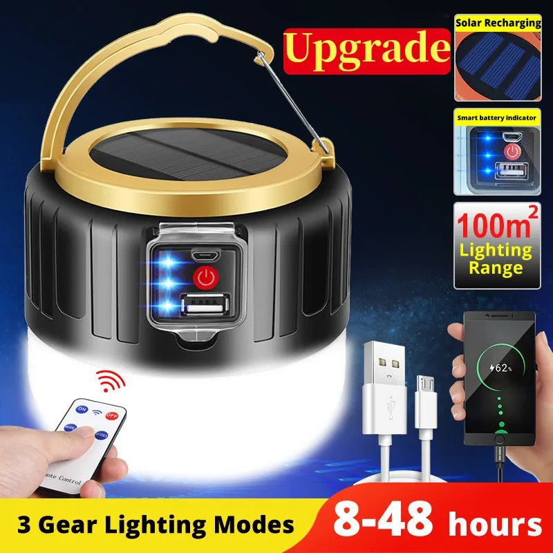 Solar LED Camping Light Remote Control Tent Lamp Portable Lanterns USB Rechargeable Bulb Emergency Lights for Outdoor Hiking BBQ