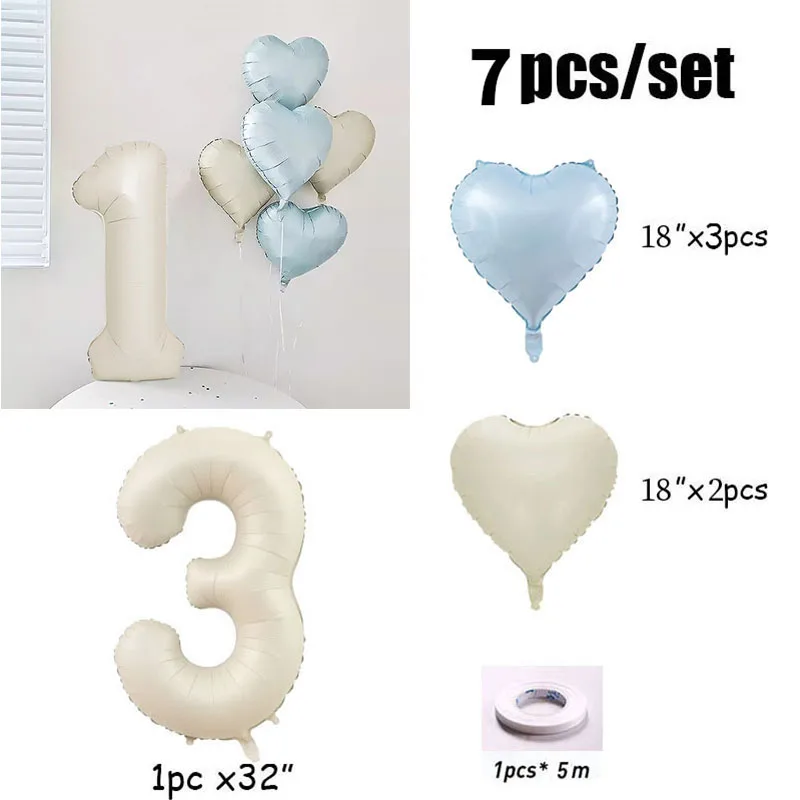 

7 шт. фольгированных шаров "Сердце с номером", кремовые, для дня рождения, Yaobener