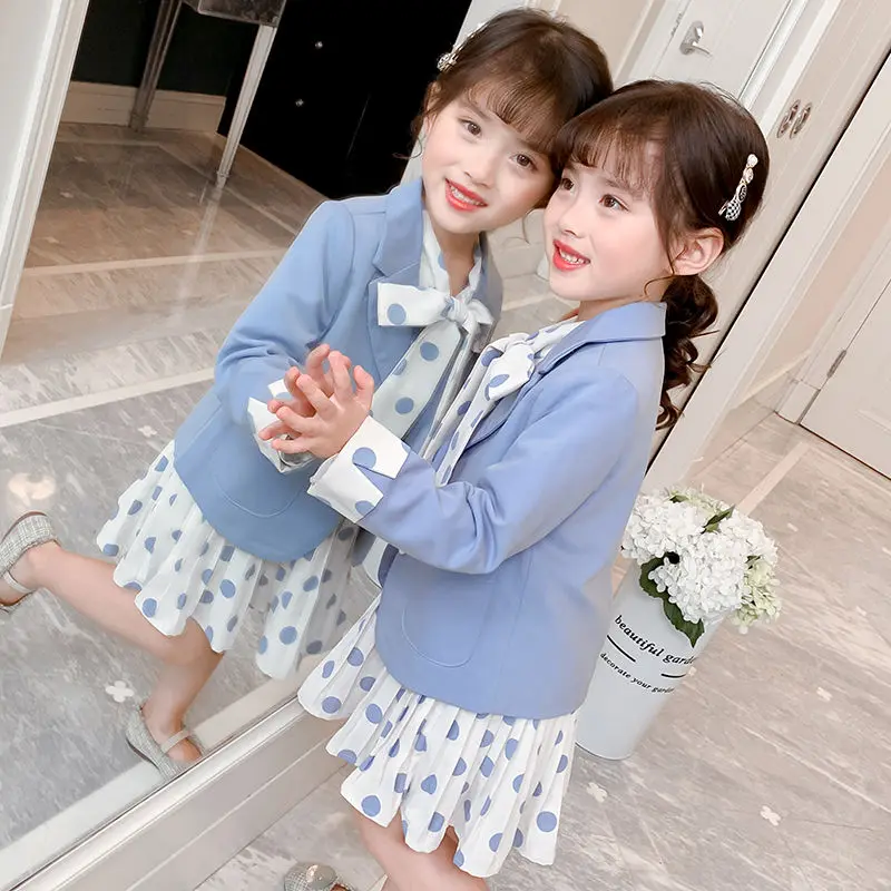 YUVBAOBEI Girls Baby Spring Autumn Clothes Girls Casual Blazer Solid Color Dot Dress Cloth Set Suit Children's Clothing images - 6