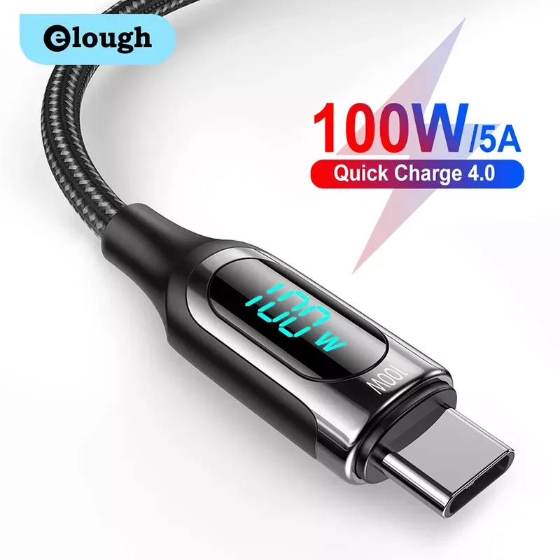 

NEW2023 Elough LED 100W USB C To USB Type C Cable PD Quick Charge 4.0 Type-C Cable For Xiaomi POCO X3 Huawei Samsung Phone Charg