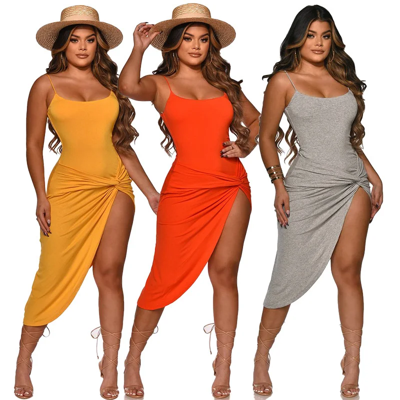 

Платья для ночного клуба без рукавов с кристаллами 2022 Летняя женская одежда однотонные плиссированные однотонные платья-миди с разрезом на...