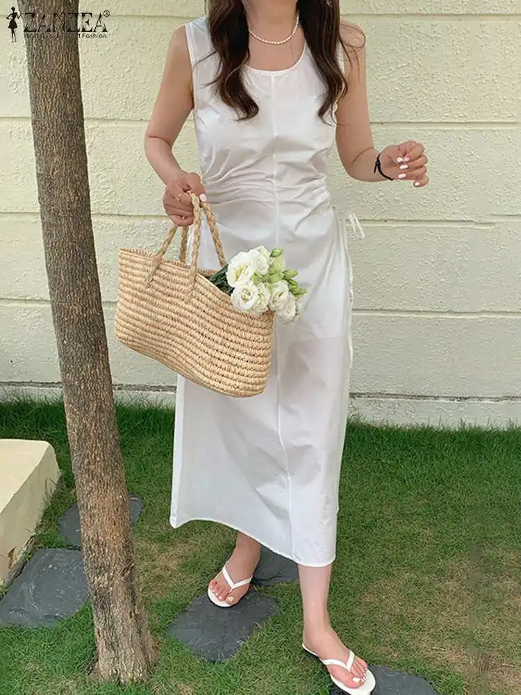 

ZANZEA Solid Color Summer Women Dress Bohemian Casual Vintage Loose Kaftan Beach Holiday Vestido Sleeveless O-Neck Maxi Sundress