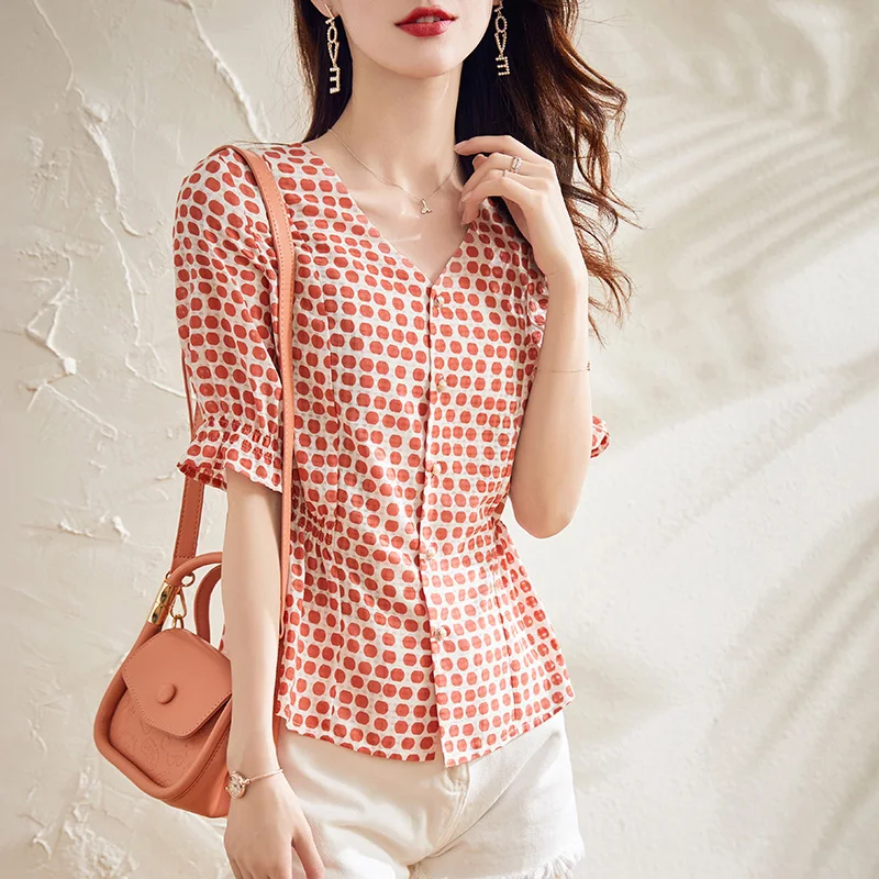 Western Sle V-neck Polka Dot Waist Hugging Slimming Short sleeve Shirts Summer New Chic Fashion Korean Elegant Women's...