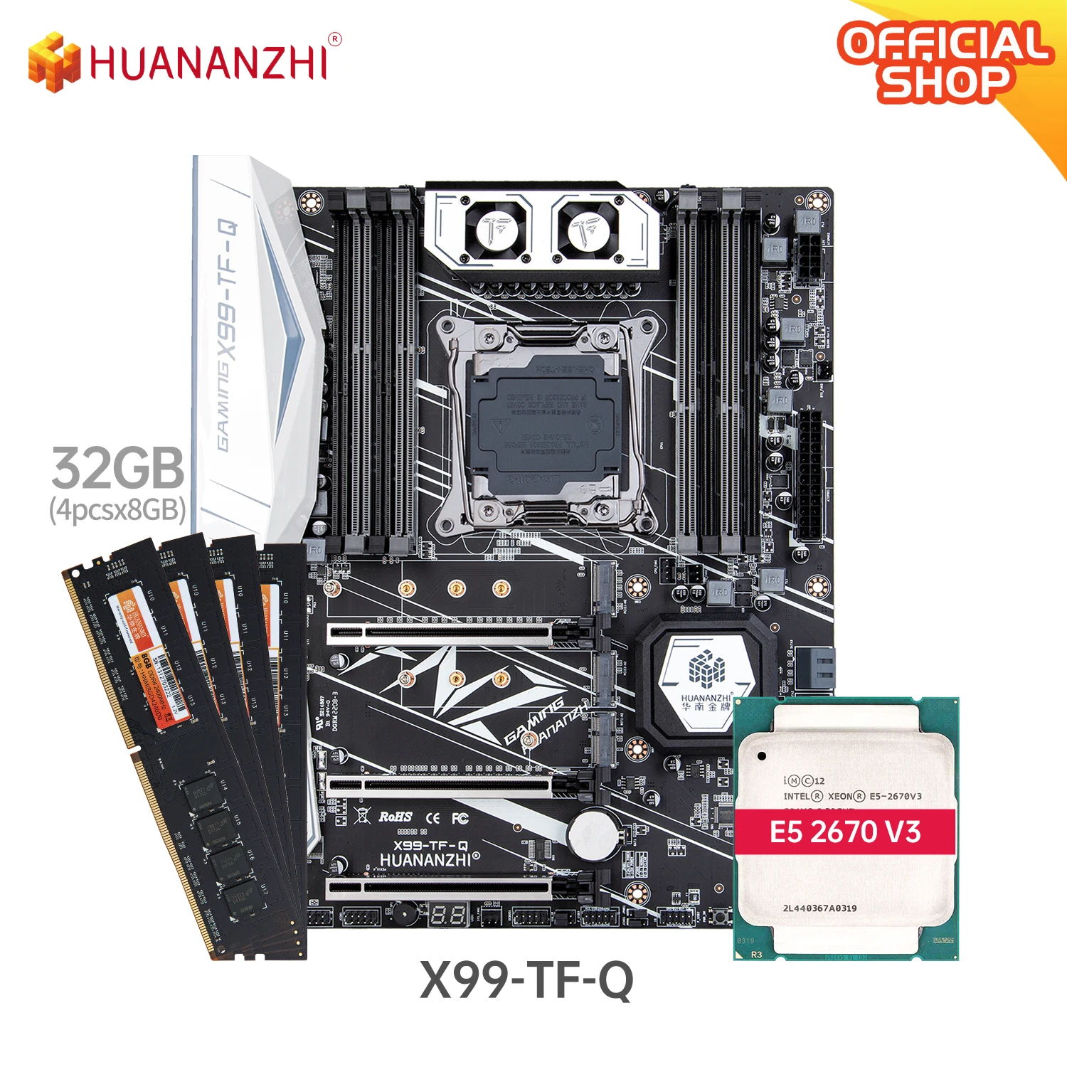 

HUANANZHI X99 TF Q X99 Motherboard with Intel XEON E5 2670 V3 with 4*8G DDR4 NON-ECC memory combo kit set NVME SATA USB 3.0 ATX