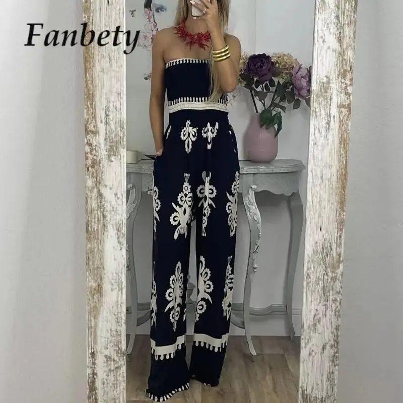 

2023 Summer Female Fashion High Waist Long Jumpsuits Party Pockets Slim Bodysuits Women Clothing Graphic Tube Top One Piece