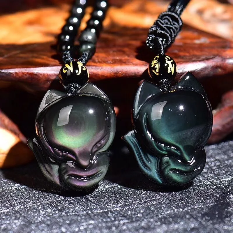 

Natural Rainbow Eye Obsidian Fox Pendant Necklace Men Women Fashion Feng Shui Charms Jewellery Black Jade Fox Lucky Amulet Gifts