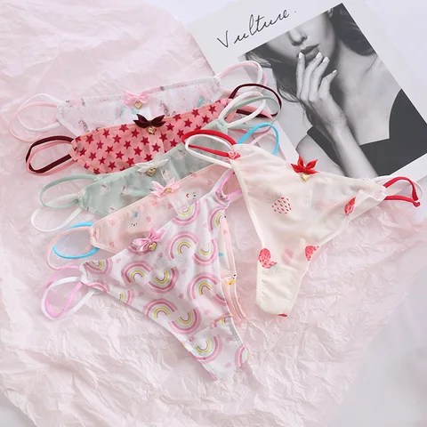 Sexy Panties Transparent Strawberry Cherry Low-Waisted Seamless Underwear Women Cute Girls Ladies Mesh T-Back T-String Thongs