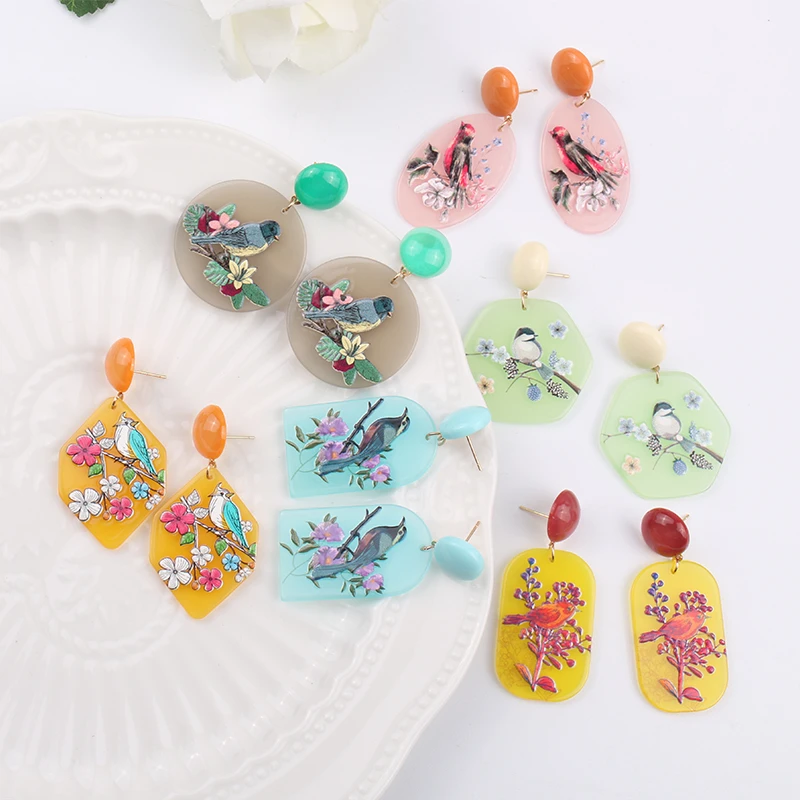 

Geometric Beauty Birds Flowers Print Acrylic Dangle Earrings for Women 2021 New Animal Party Birthday Christmas Gifts Jewelry