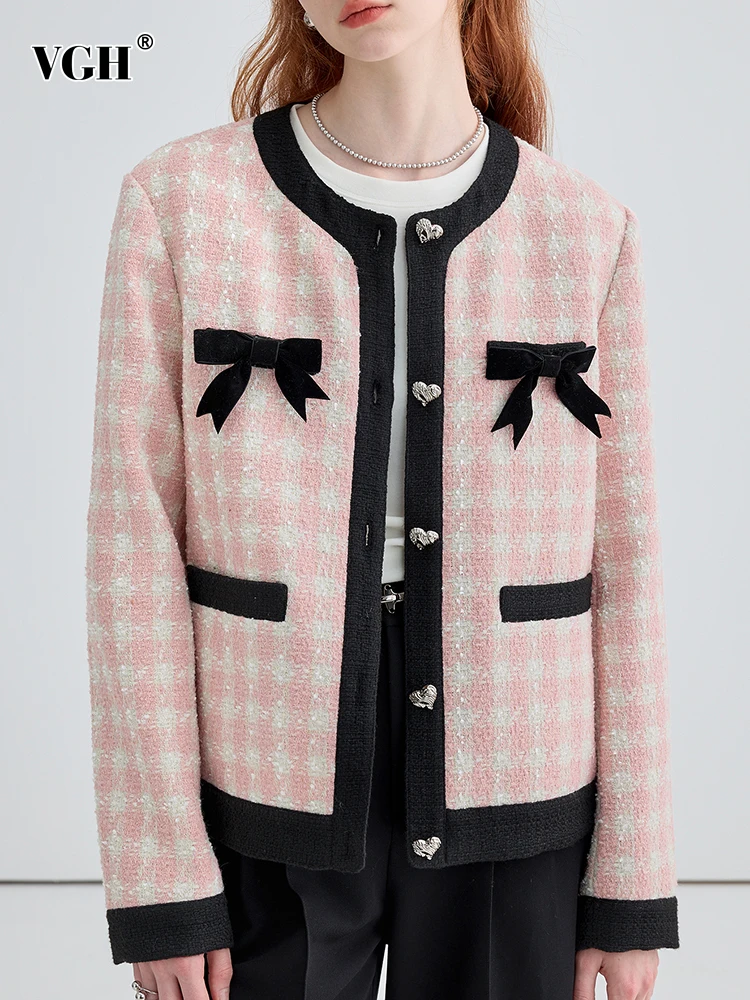 

Женское однобортное пальто VGH, корейское клетчатое пальто с круглым вырезом и длинными рукавами, пальто с карманами в стиле пэчворк, осенняя...