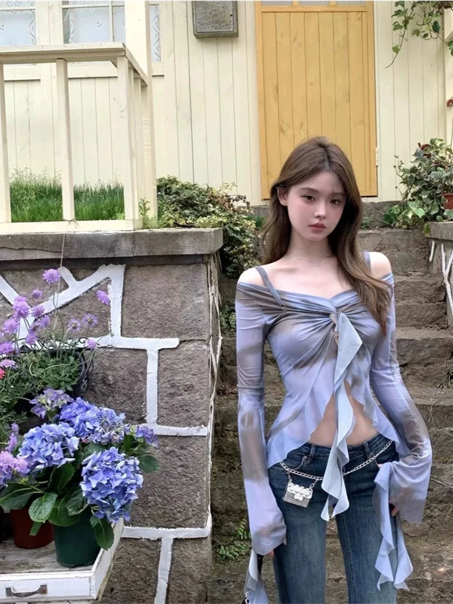 Y2K Ins Chic Tie Dye Женские топы Осенняя лента Sexi Уличная одежда Блузка с запахом Рубашки