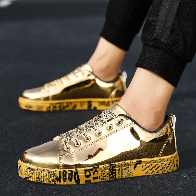 

New Fashion Couples Patent Leather Glossy Casual Shoes Men's Local Gold Wild Breathable Comfortable Men's Shoes Sneakers