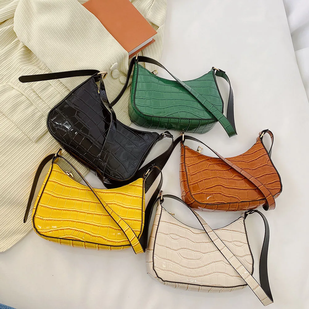 

Женские популярные однотонные сумки для подмышек, Маленькая женская сумочка из искусственной кожи с крокодиловым узором, модные сумки-хобо