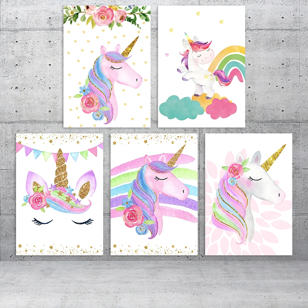 

Картина на холсте HD, мультяшная живопись, Милый Постер, настенное искусство, единорог, радуга, модульное Современное украшение для дома, при...