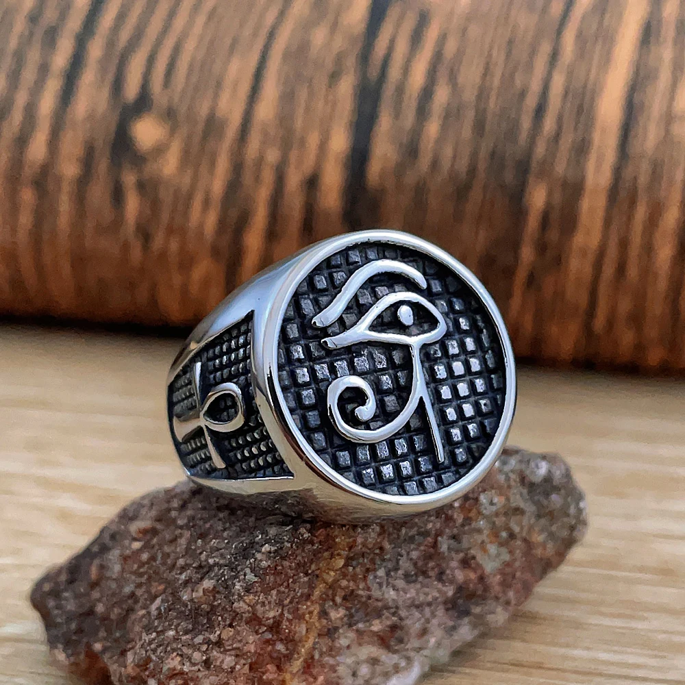 

Vintage Egyptian Eye of Horus Ring for Men Fashion Punk Pharaonic Cross Rings Stainless Steel Biker Jewelry Gift Free Shipping