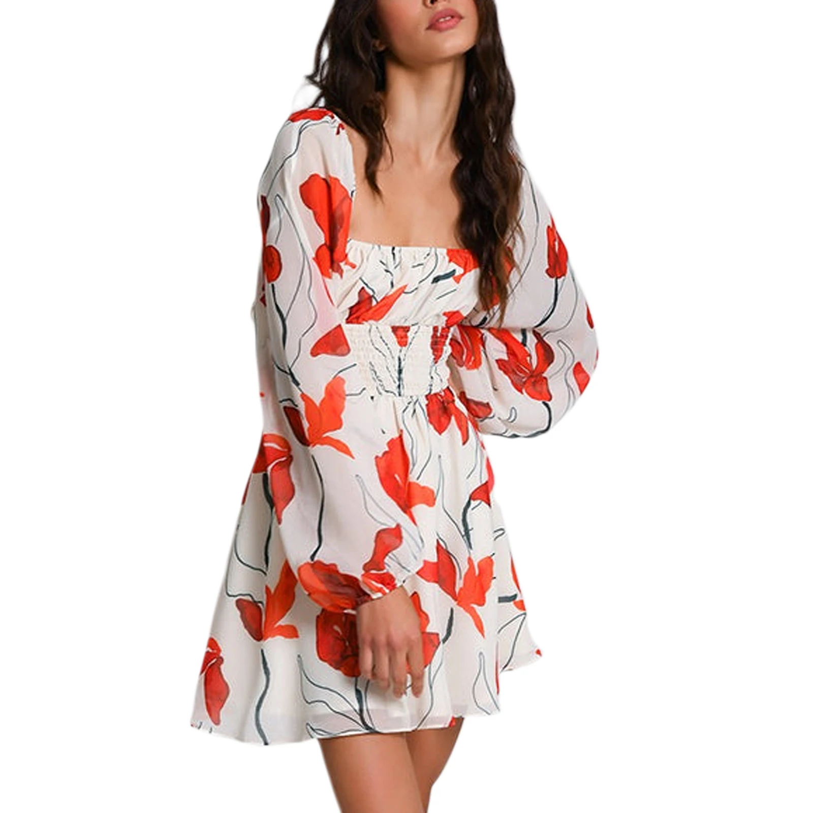 

Женское весеннее повседневное мини-платье с цветочным принтом и квадратным вырезом, милое платье с длинным рукавом, модное темпераментное платье