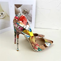 beauty print colorful patent leather womens pointed toe stiletto shoes sexy ladies party slip on 8cm 10cm 12cm party shoes