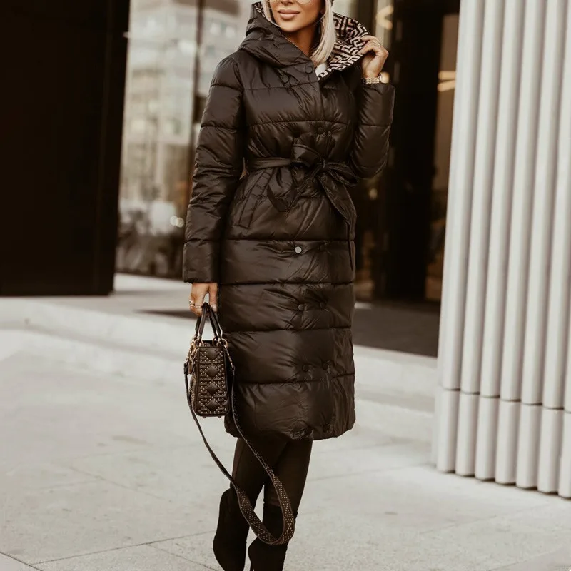 Winter Thick Parkas Women Vintage Fashion Solid Hoody Coats Elegant Tie Belt Long Cotton Jackets Female Ladies New 2022