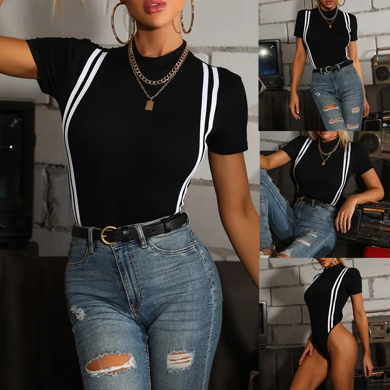 

ASDS-Women's Summer Striped Half High Neck Short Sleeve Bodysuit